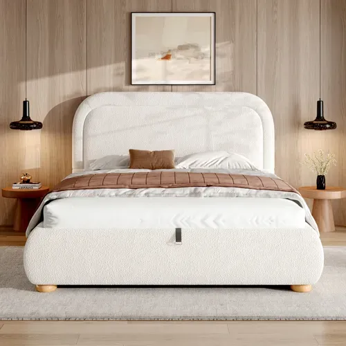 Lit Coffre 160x200 Cm Lit Rembourré Bouclé Blanc, Formes Arrondies, Housse Lavable