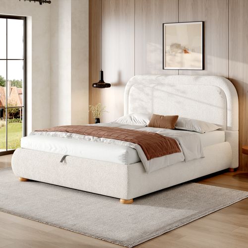 Lit Coffre 160x200 Cm Lit Rembourré Bouclé Blanc, Formes Arrondies, Housse Lavable