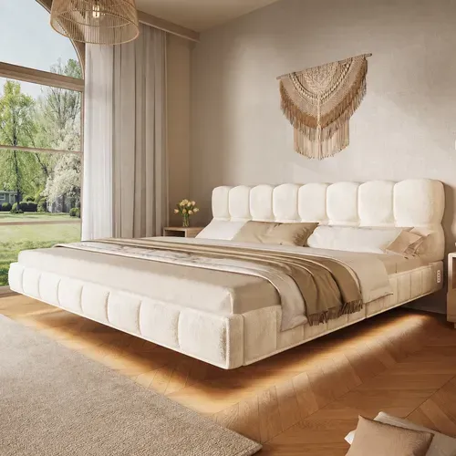 Lit Coffre 140x200 Cm Lit Rembourré Effet Suspendu, Design Arrondi, LED Et Ports USB, Chenille Beige