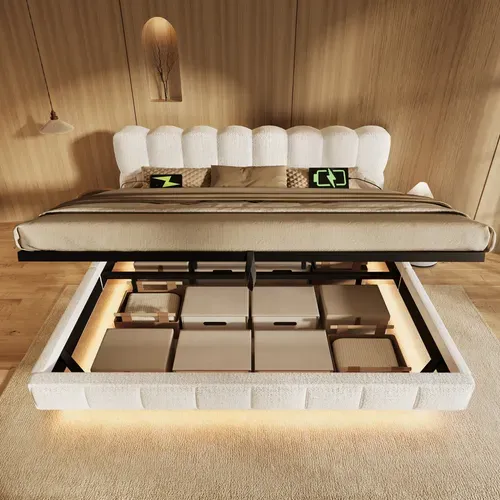 Lit Coffre 140x200 Cm Lit Rembourré Effet Suspendu, Design Arrondi, LED Et Ports USB, Chenille Beige