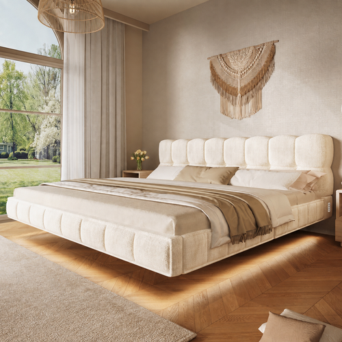 Lit Coffre 180x200 Cm Lit Rembourré Effet Suspendu, Design Arrondi, LED Et Ports USB, Chenille Beige
