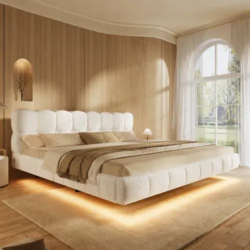 Lit Coffre 180x200 Cm Lit Rembourré Effet Suspendu, Design Arrondi, LED Et Ports USB, Chenille Beige