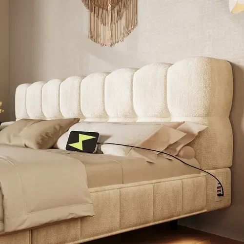 Lit Coffre 180x200 Cm Lit Rembourré Effet Suspendu, Design Arrondi, LED Et Ports USB, Chenille Beige