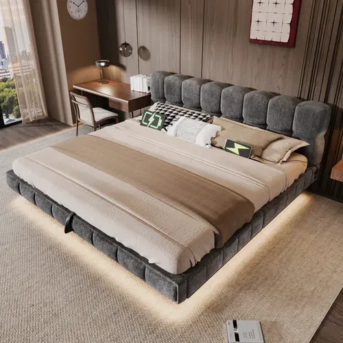 Lit Coffre 160x200 Cm Lit Rembourré Effet Suspendu, Design Arrondi, LED Et Ports USB, Chenille Gris