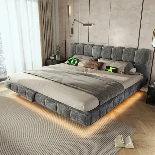 Lit Coffre 160x200 Cm Lit Rembourré Effet Suspendu, Design Arrondi, LED Et Ports USB, Chenille Gris