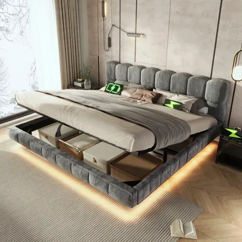Lit Coffre 160x200 Cm Lit Rembourré Effet Suspendu, Design Arrondi, LED Et Ports USB, Chenille Gris