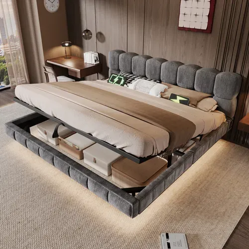 Lit Coffre 160x200 Cm Lit Rembourré Effet Suspendu, Design Arrondi, LED Et Ports USB, Chenille Gris