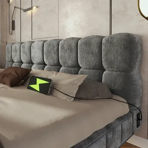 Lit Coffre 160x200 Cm Lit Rembourré Effet Suspendu, Design Arrondi, LED Et Ports USB, Chenille Gris