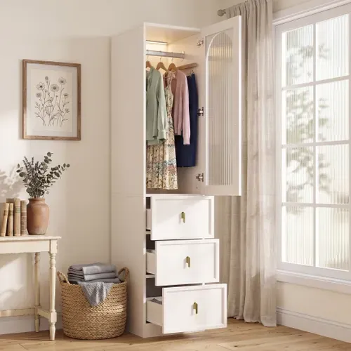 Armoire Penderie 45x48x200 Cm Avec LED, Porte En Verre Strié Et 3 Tiroirs, Blanc