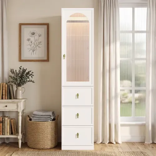 Armoire Penderie 45x48x200 Cm Avec LED, Porte En Verre Strié Et 3 Tiroirs, Blanc