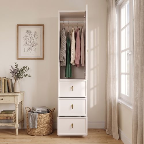 Armoire Penderie 45x48x200 Cm Avec LED, Porte En Verre Strié Et 3 Tiroirs, Blanc