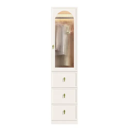 Armoire Penderie 45x48x200 Cm Avec LED, Porte En Verre Strié Et 3 Tiroirs, Blanc