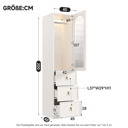 Armoire Penderie 45x48x200 Cm Avec LED, Porte En Verre Strié Et 3 Tiroirs, Blanc