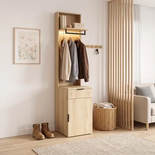 Armoire Penderie 45x47x200 Cm Avec Penderie LED, Tiroir À Bijoux, 2 Compartiments, Effet Chêne