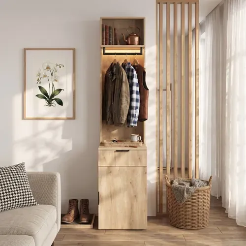 Armoire Penderie 45x47x200 Cm Avec Penderie LED, Tiroir À Bijoux, 2 Compartiments, Effet Chêne