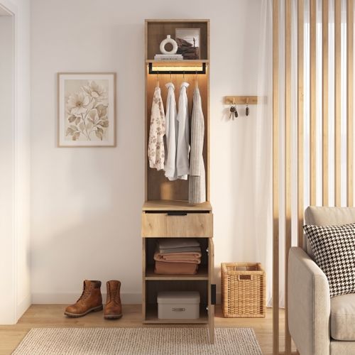Armoire Penderie 45x47x200 Cm Avec Penderie LED, Tiroir À Bijoux, 2 Compartiments, Effet Chêne
