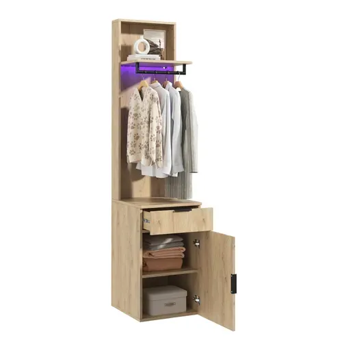 Armoire Penderie 45x47x200 Cm Avec Penderie LED, Tiroir À Bijoux, 2 Compartiments, Effet Chêne