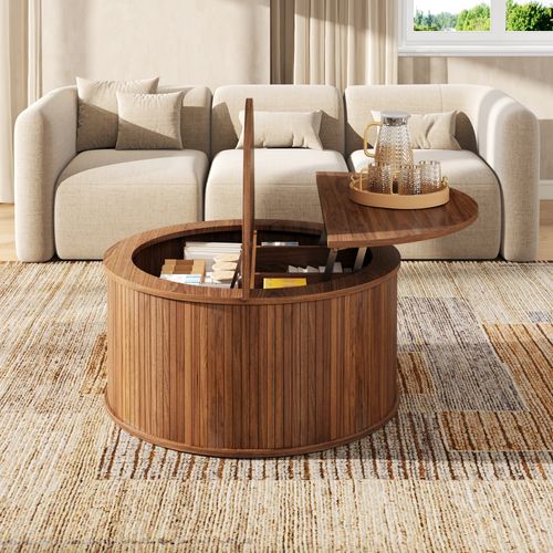Table Basse Ronde Relevable 88 X 88 X 53,5 Cm Avec Rangement, Mdf, Noyer