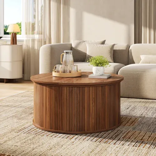 Table Basse Ronde Relevable 88 X 88 X 53,5 Cm Avec Rangement, Mdf, Noyer