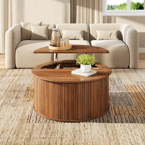 Table Basse Ronde Relevable 88 X 88 X 53,5 Cm Avec Rangement, Mdf, Noyer