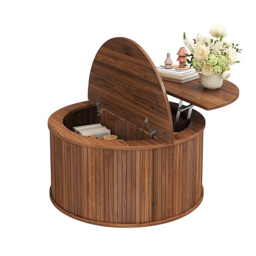 Table Basse Ronde Relevable 88 X 88 X 53,5 Cm Avec Rangement, Mdf, Noyer
