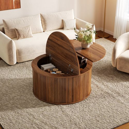 Table Basse Ronde Relevable 88 X 88 X 53,5 Cm Avec Rangement, Mdf, Noyer