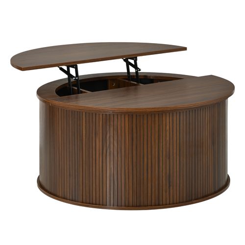 Table Basse Ronde Relevable 88 X 88 X 53,5 Cm Avec Rangement, Mdf, Noyer