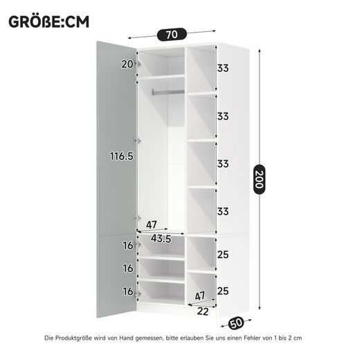 Armoire Penderie étroite 70x50x200 Cm Avec 1 Tringle Et 10 Compartiments, Portes Battantes, Gris