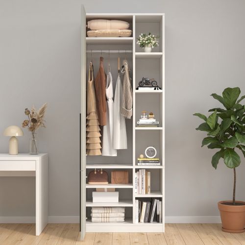 Armoire Penderie étroite 70x50x200 Cm Avec 1 Tringle Et 10 Compartiments, Portes Battantes, Gris