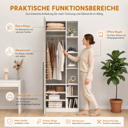 Armoire Penderie étroite 70x50x200 Cm Avec 1 Tringle Et 10 Compartiments, Portes Battantes, Gris
