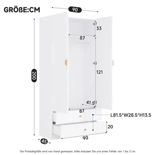 Armoire Penderie 200x90x45 Cm Avec 1 Tringle, 2 Tiroirs Et Poignée En Bois Massif, Blanc
