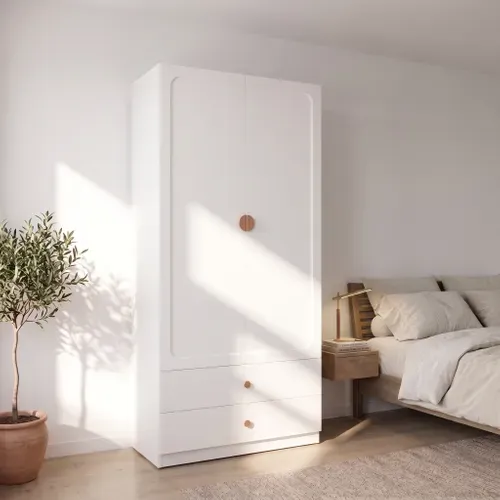 Armoire Penderie 200x90x45 Cm Avec 1 Tringle, 2 Tiroirs Et Poignée En Bois Massif, Blanc