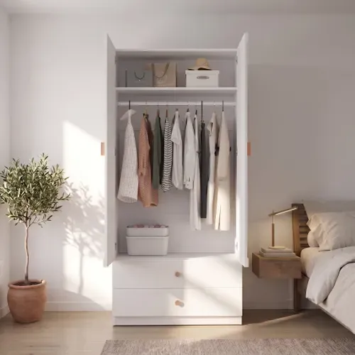 Armoire Penderie 200x90x45 Cm Avec 1 Tringle, 2 Tiroirs Et Poignée En Bois Massif, Blanc