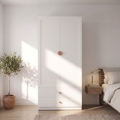Armoire Penderie 200x90x45 Cm Avec 1 Tringle, 2 Tiroirs Et Poignée En Bois Massif, Blanc