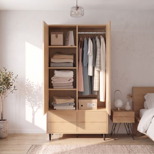 Armoire Dressing 90x45x200 Cm, 2 Portes, Miroir, Tringle, 4 Compartiments Et 4 Tiroirs,chêne