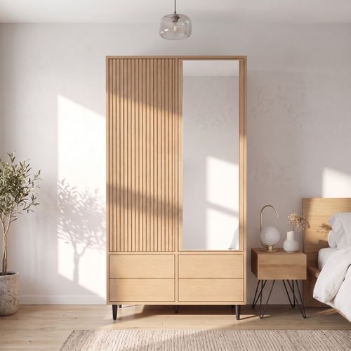 Armoire Dressing 90x45x200 Cm, 2 Portes, Miroir, Tringle, 4 Compartiments Et 4 Tiroirs,chêne
