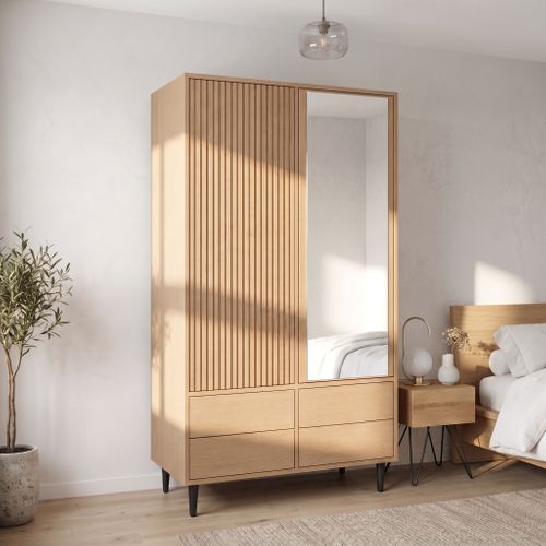 Armoire Dressing 90x45x200 Cm, 2 Portes, Miroir, Tringle, 4 Compartiments Et 4 Tiroirs,chêne