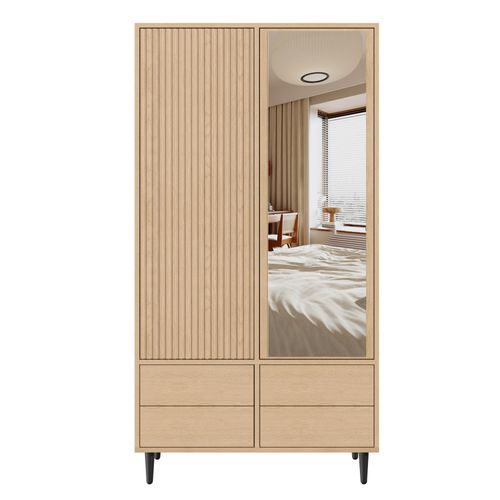 Armoire Dressing 90x45x200 Cm, 2 Portes, Miroir, Tringle, 4 Compartiments Et 4 Tiroirs,chêne