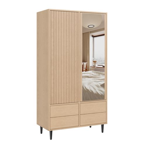 Armoire Dressing 90x45x200 Cm, 2 Portes, Miroir, Tringle, 4 Compartiments Et 4 Tiroirs,chêne