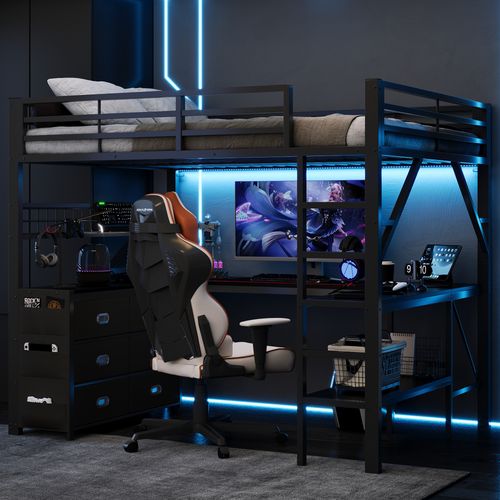 Lit Mezzanine Gaming 140x200cm, Bureau Intégré, Tiroirs, étagère Et éclairage LED,métal Noir