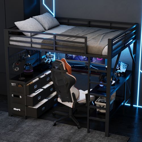 Lit Mezzanine Gaming 140x200cm, Bureau Intégré, Tiroirs, étagère Et éclairage LED,métal Noir