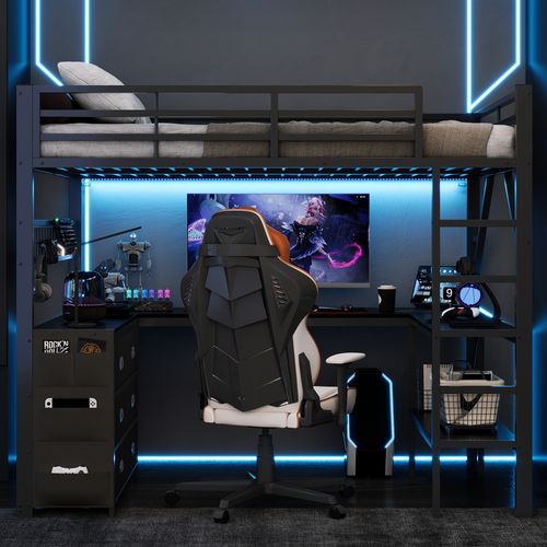 Lit Mezzanine Gaming 140x200cm, Bureau Intégré, Tiroirs, étagère Et éclairage LED,métal Noir