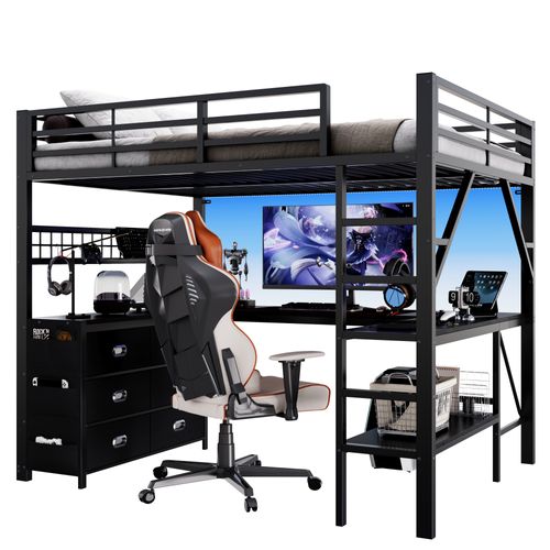 Lit Mezzanine Gaming 140x200cm, Bureau Intégré, Tiroirs, étagère Et éclairage LED,métal Noir