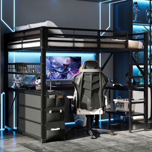 Lit Mezzanine Gaming 140x200cm, Bureau Intégré, Tiroirs, étagère Et éclairage LED,métal Noir