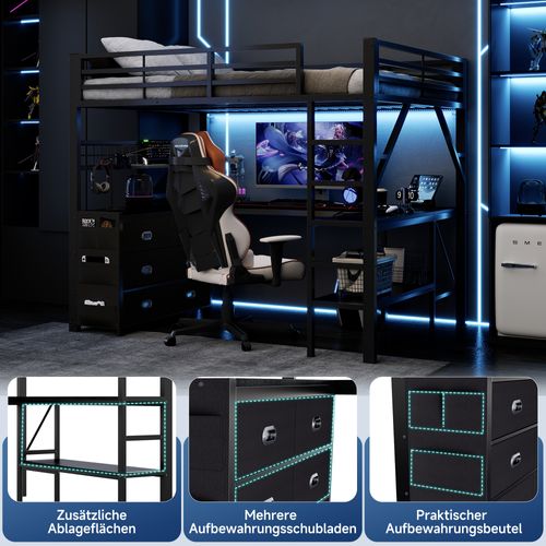 Lit Mezzanine Gaming 140x200cm, Bureau Intégré, Tiroirs, étagère Et éclairage LED,métal Noir