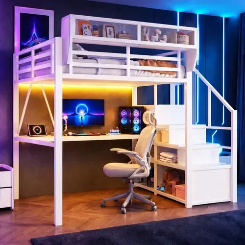 Lit Mezzanine 140x200 Cm Avec Bureau, Lit Surélevé, échelle, LED, Rangements, Métal, Blanc