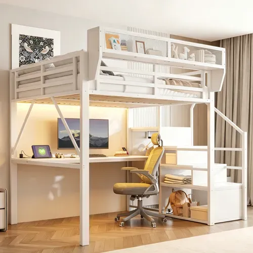 Lit Mezzanine 140x200 Cm Avec Bureau, Lit Surélevé, échelle, LED, Rangements, Métal, Blanc