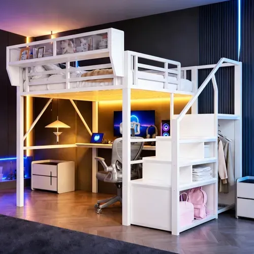 Lit Mezzanine 140x200 Cm Avec Bureau, Lit Surélevé, échelle, LED, Rangements, Métal, Blanc