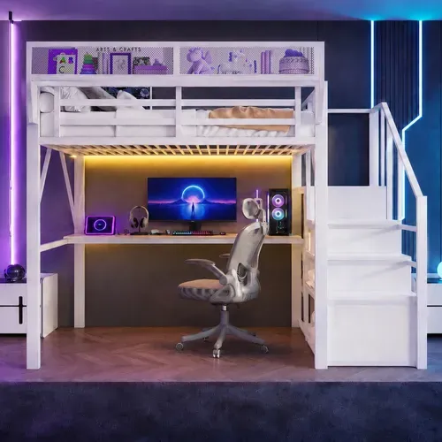 Lit Mezzanine 140x200 Cm Avec Bureau, Lit Surélevé, échelle, LED, Rangements, Métal, Blanc