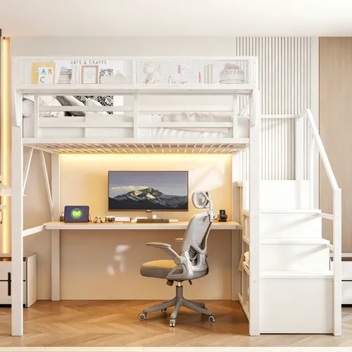 Lit Mezzanine 140x200 Cm Avec Bureau, Lit Surélevé, échelle, LED, Rangements, Métal, Blanc